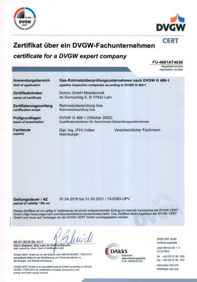 Zertifikat DVGW Fachunternehmen 468 2016 2021